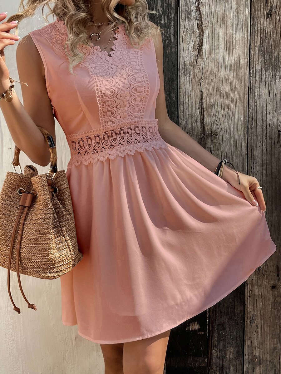 SHEIN VCAY Contrast Lace A Line Dress - Dusty Pink - View 1