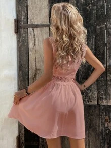 SHEIN VCAY Contrast Lace A Line Dress - Dusty Pink - View 2