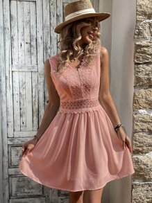 SHEIN VCAY Contrast Lace A Line Dress - Dusty Pink - View 3