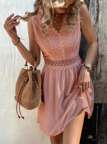 SHEIN VCAY Contrast Lace A Line Dress - Dusty Pink - View 5