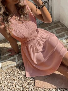 SHEIN VCAY Contrast Lace A Line Dress - Dusty Pink - View 6