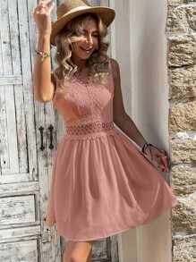 SHEIN VCAY Contrast Lace A Line Dress - Dusty Pink - View 7