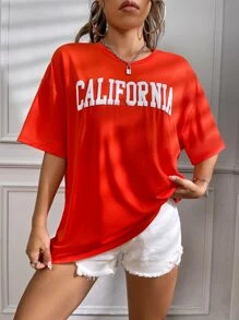 SHEIN EZwear Letter Graphic Drop Shoulder Tee - Orange - View 3