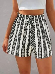 SHEIN VCAY Geo Print Paperbag Waist Knot Front Shorts - Black and White - View 2