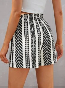 SHEIN VCAY Geo Print Paperbag Waist Knot Front Shorts - Black and White - View 3
