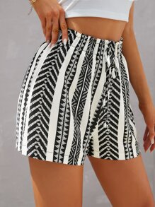 SHEIN VCAY Geo Print Paperbag Waist Knot Front Shorts - Black and White - View 5
