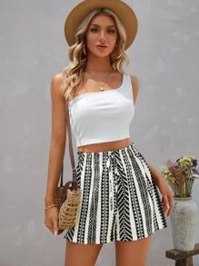 SHEIN VCAY Geo Print Paperbag Waist Knot Front Shorts - Black and White - View 6