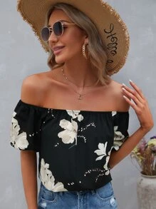 SHEIN VCAY 印花一字肩襯衫 - 黑色 - 查看 1