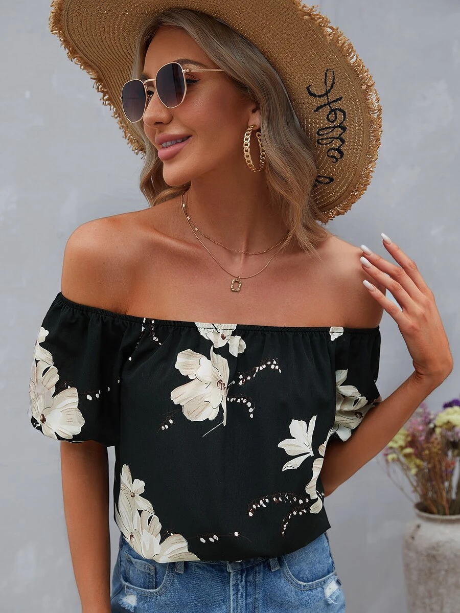 SHEIN VCAY 印花一字肩襯衫 - 黑色 - 查看 1