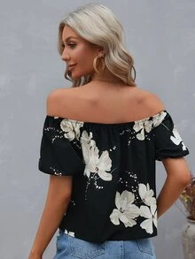 SHEIN VCAY 印花一字肩襯衫 - 黑色 - 查看 2