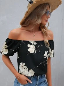 SHEIN VCAY 印花一字肩襯衫 - 黑色 - 查看 3