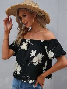 SHEIN VCAY 印花一字肩襯衫 - 黑色 - 查看 4