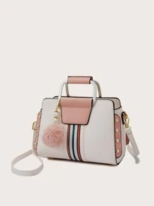 防水、輕盈、商務休閒、可折疊絨球和人造珍珠裝飾方形包適合青少年女大學生、菜鳥和白領，非常適合辦公室、大學、工作、商務、通勤 - 白色 - 查看 1