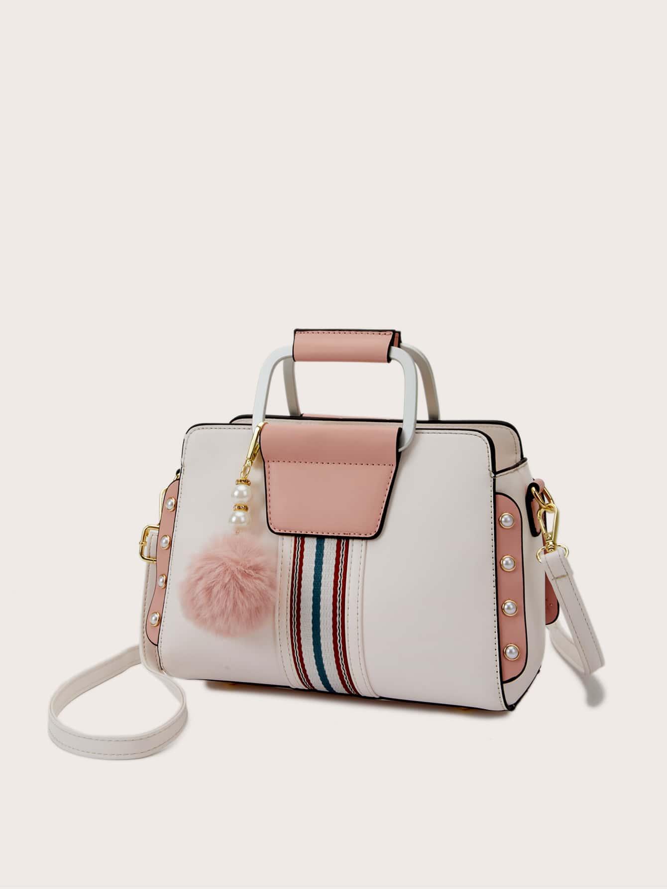 防水、輕盈、商務休閒、可折疊絨球和人造珍珠裝飾方形包適合青少年女大學生、菜鳥和白領，非常適合辦公室、大學、工作、商務、通勤 - 白色 - 查看 1