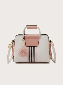 防水、輕盈、商務休閒、可折疊絨球和人造珍珠裝飾方形包適合青少年女大學生、菜鳥和白領，非常適合辦公室、大學、工作、商務、通勤 - 白色 - 查看 3