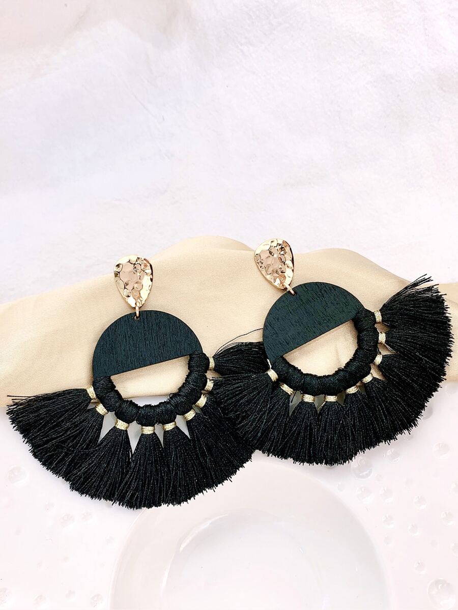 Tassel Drop Earrings - Black - View 1