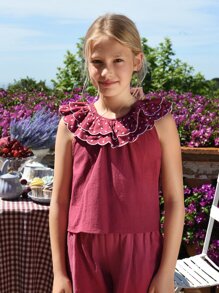 SHEIN Niñas Blusa de lunares con bordado ribete con fruncido - Rosa Roja - Ver 1