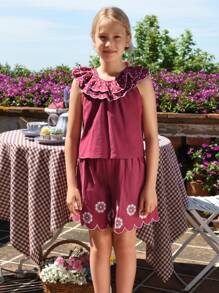 SHEIN Niñas Blusa de lunares con bordado ribete con fruncido - Rosa Roja - Ver 3