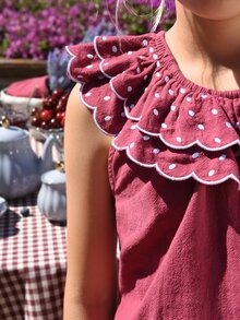 SHEIN Niñas Blusa de lunares con bordado ribete con fruncido - Rosa Roja - Ver 5