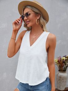 SHEIN LUNE V領弧形下擺背心上衣 - 白色 - 查看 5