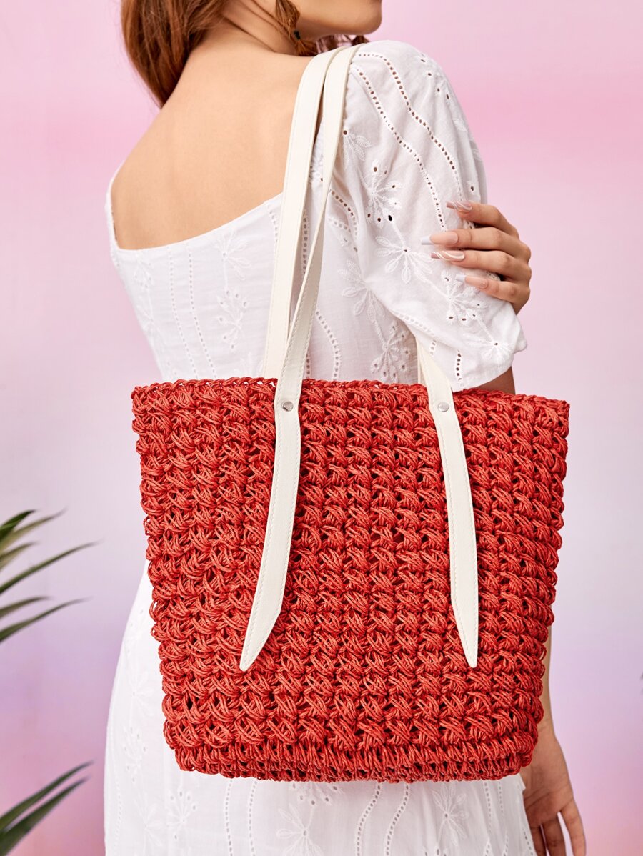 Bolsa de mimbre con diseño de parche - Naranja - Ver 1