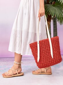 Bolsa de mimbre con diseño de parche - Naranja - Ver 2