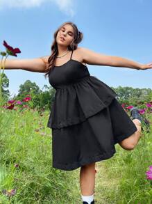 Plus Shirred Back Layered Hem Cami Dress - Black - View 1