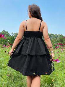 Plus Shirred Back Layered Hem Cami Dress - Black - View 2