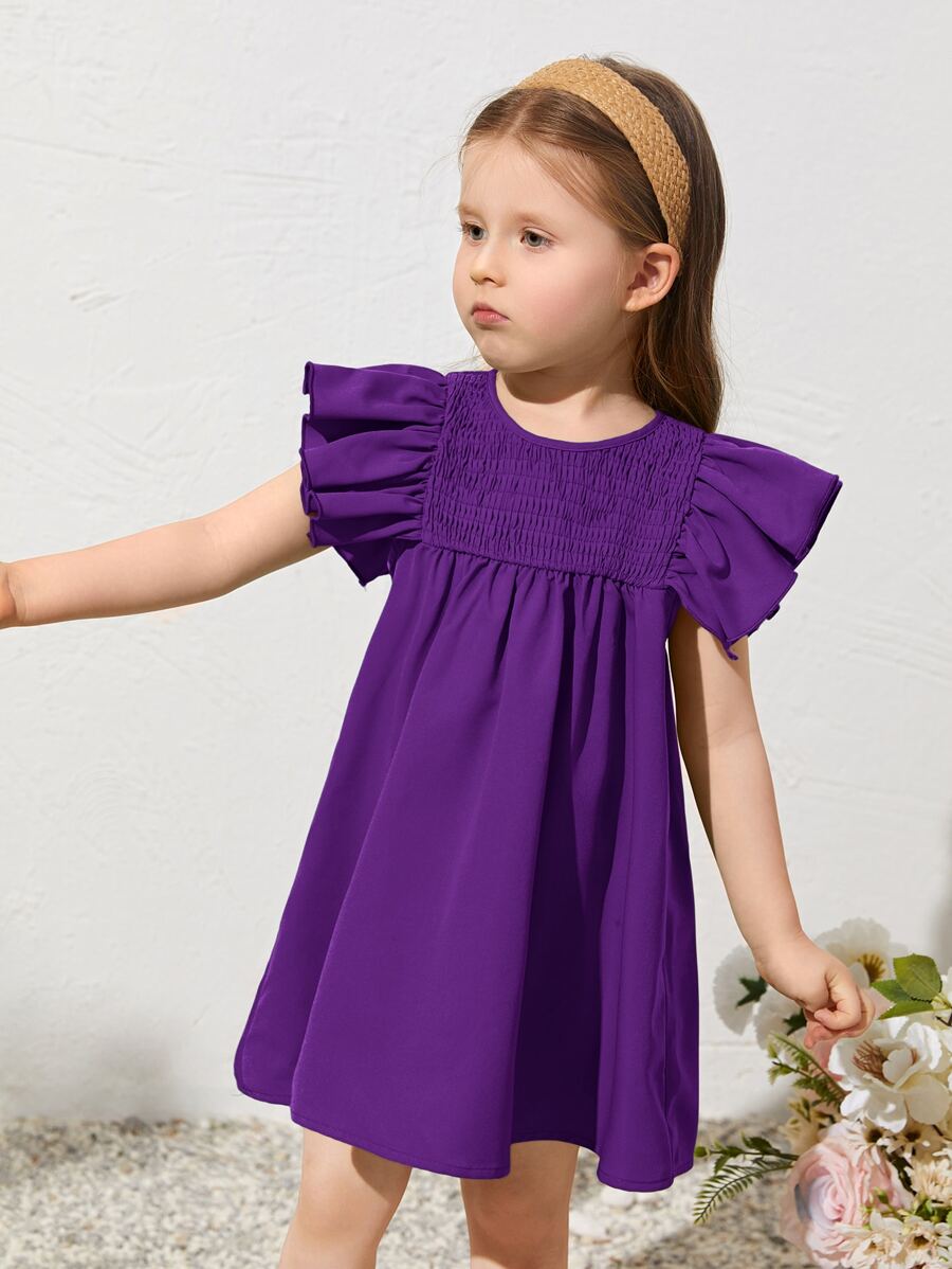 SHEIN 小女童打褶蝴蝶袖洋裝