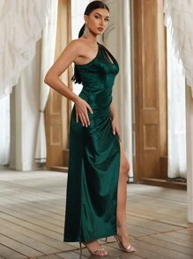 YISIKADO Cut Out One Shoulder Slit Thigh Satin Formal Dress - Dark Green - View 3