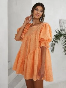 Simplee 女士休闲宽松格子迷你连衣裙，适合暑假、音乐节、机场旅行，可爱