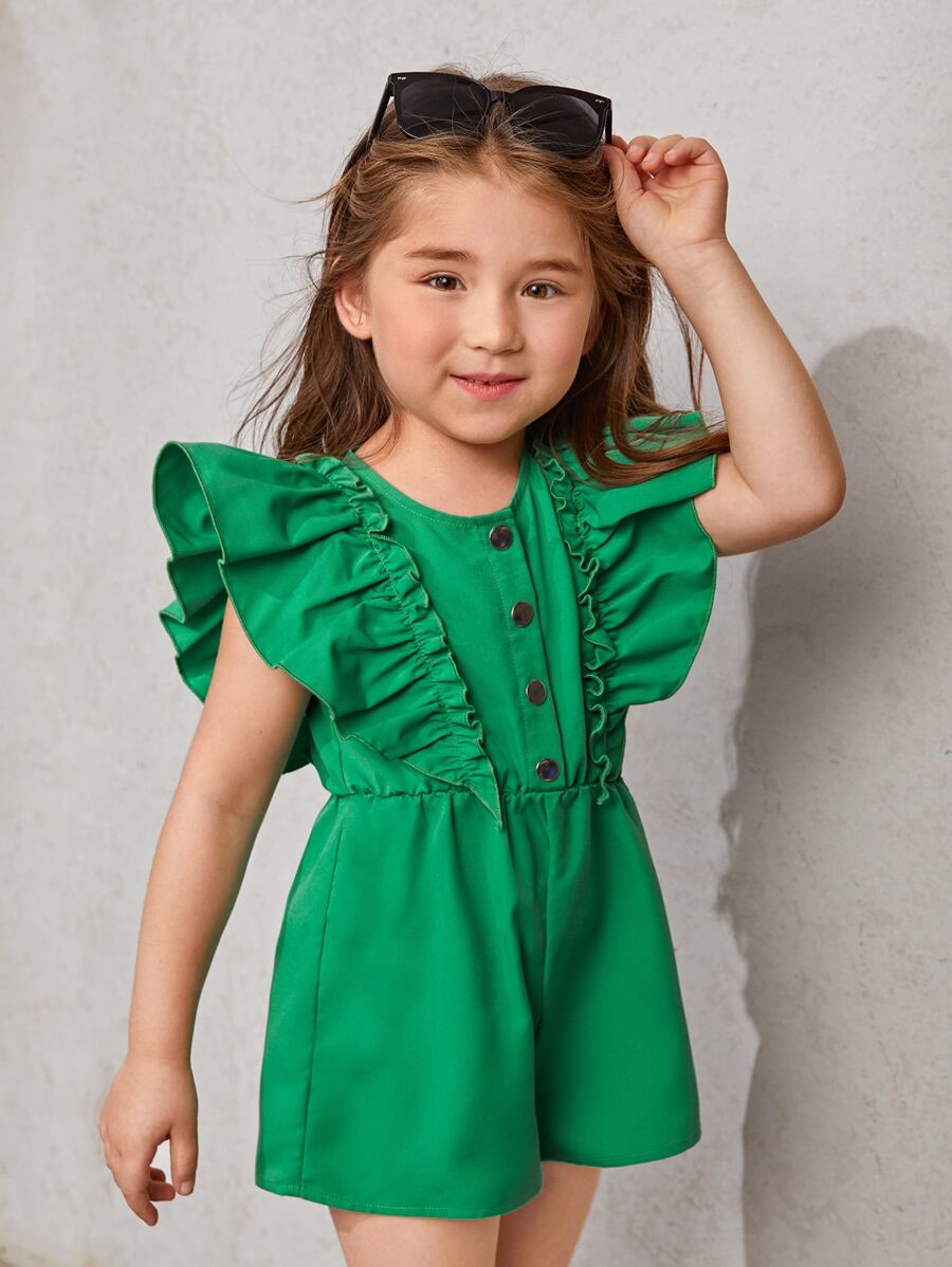SHEIN Toddler Girls Butterfly Sleeve Button Front Romper - Green - View 1