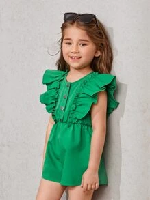 SHEIN Toddler Girls Butterfly Sleeve Button Front Romper - Green - View 4