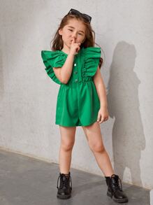 SHEIN Toddler Girls Butterfly Sleeve Button Front Romper - Green - View 5