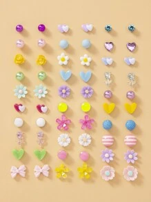 30pairs Flower & Heart Decor Stud Earrings Valentines - Multicolor - View 1