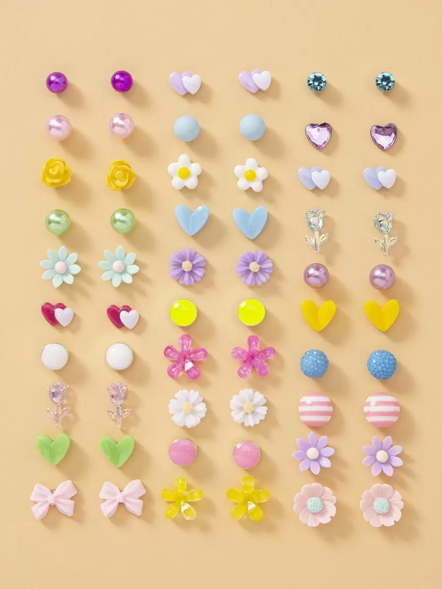 30pairs Flower & Heart Decor Stud Earrings Valentines - Multicolor - View 1