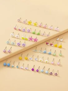 30pairs Flower & Heart Decor Stud Earrings Valentines - Multicolor - View 2