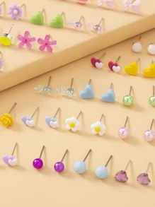 30pairs Flower & Heart Decor Stud Earrings Valentines - Multicolor - View 4