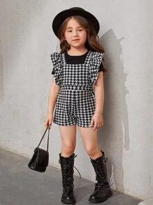 SHEIN Young Girl Tee & Houndstooth Print Ruffle Trim Romper - Black and White - View 1