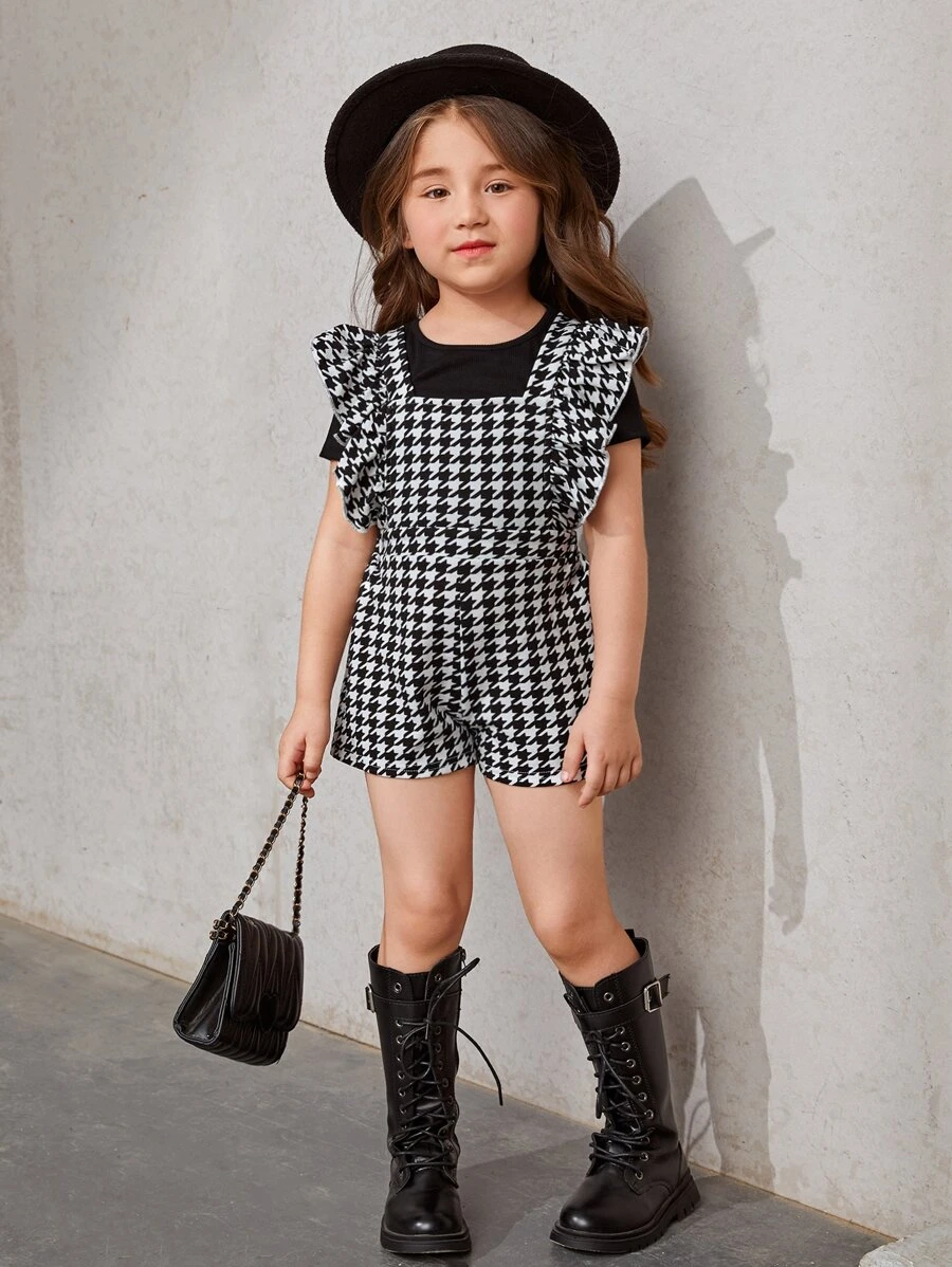 SHEIN Young Girl Tee & Houndstooth Print Ruffle Trim Romper - Black and White - View 1