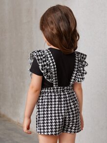 SHEIN Young Girl Tee & Houndstooth Print Ruffle Trim Romper - Black and White - View 2