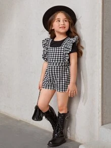 SHEIN Young Girl Tee & Houndstooth Print Ruffle Trim Romper - Black and White - View 3