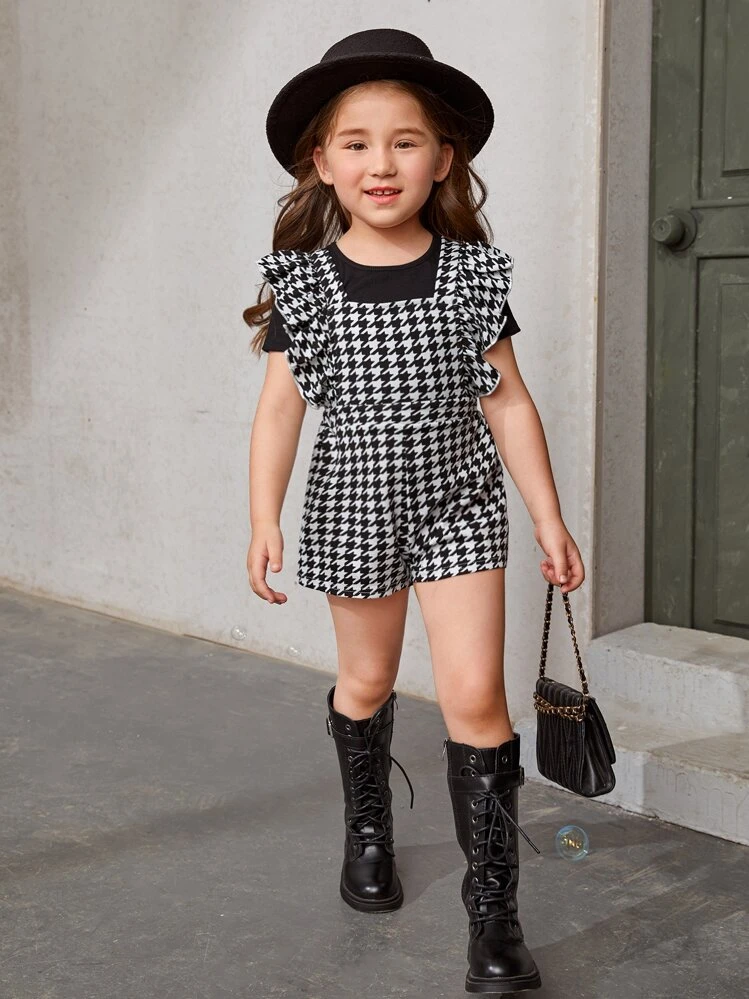 SHEIN Jong meisje T-shirt & Hondentandprint Ruchestrim Romper - Zwart & wit - Bekijken 4