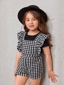 SHEIN Young Girl Tee & Houndstooth Print Ruffle Trim Romper - Black and White - View 5