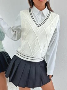 SHEIN Unity 麻花編織板球毛衣背心不帶襯衫 - 白色 - 查看 3