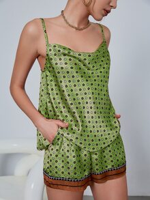 Sollinarry Allover Print Cami Top & Shorts Set Without Belt - Lime Green - View 3