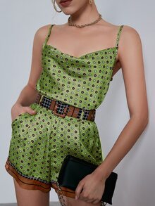 Sollinarry Allover Print Cami Top & Shorts Set Without Belt - Lime Green - View 4