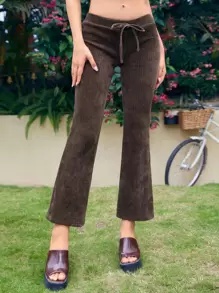SHEIN ICON Quần ống loe 90s Tăng thấp Nút phía trước - Cà phê nâu - Xem 1