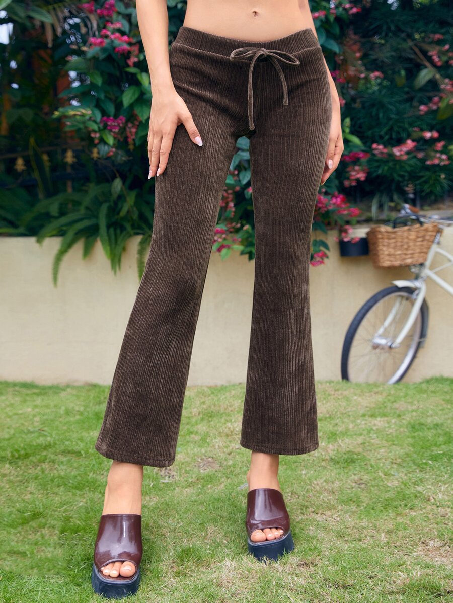 SHEIN ICON Quần ống loe 90s Tăng thấp Nút phía trước - Cà phê nâu - Xem 1