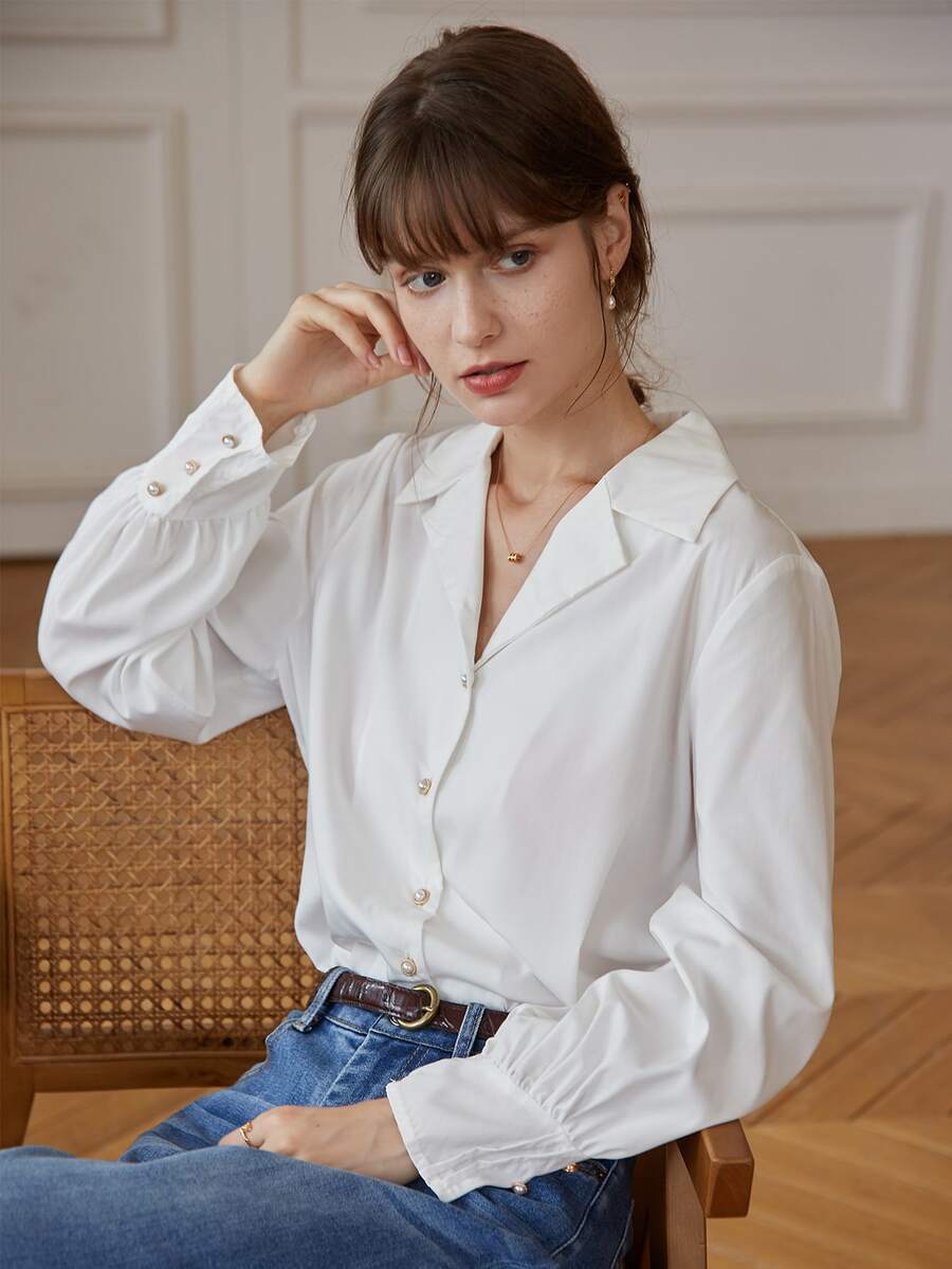 Simple Retro Lapel Neck Bishop Sleeve Modal Blouse - White - View 1